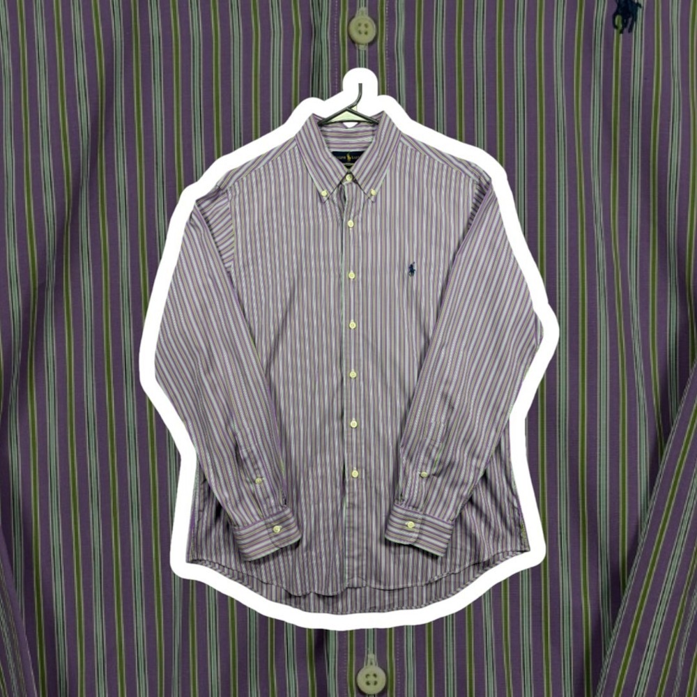 Polo Ralph Lauren 120s Poplin Multi-Stripe Button Down Shirt Mens L Purple Green